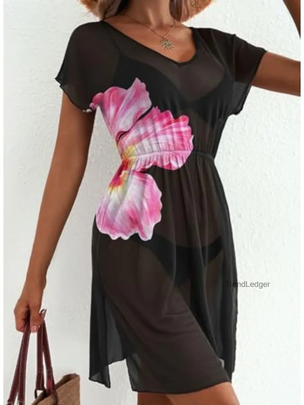 Mesh Sheer Floral Print Swim Cover Up